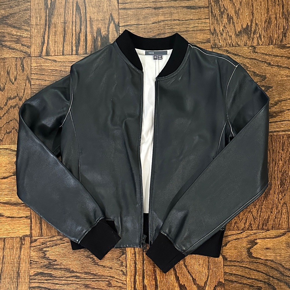 Vince Shrunken Leather Bomber Jacket